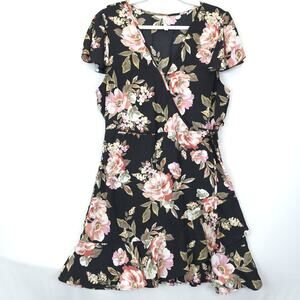 Xhilaration Dress Women XL Black Floral Short Sleeve Ruffle Wrap Cottagecore